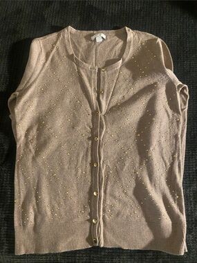 Women's Embellished Taupe Button-Front Sweater Cardigan